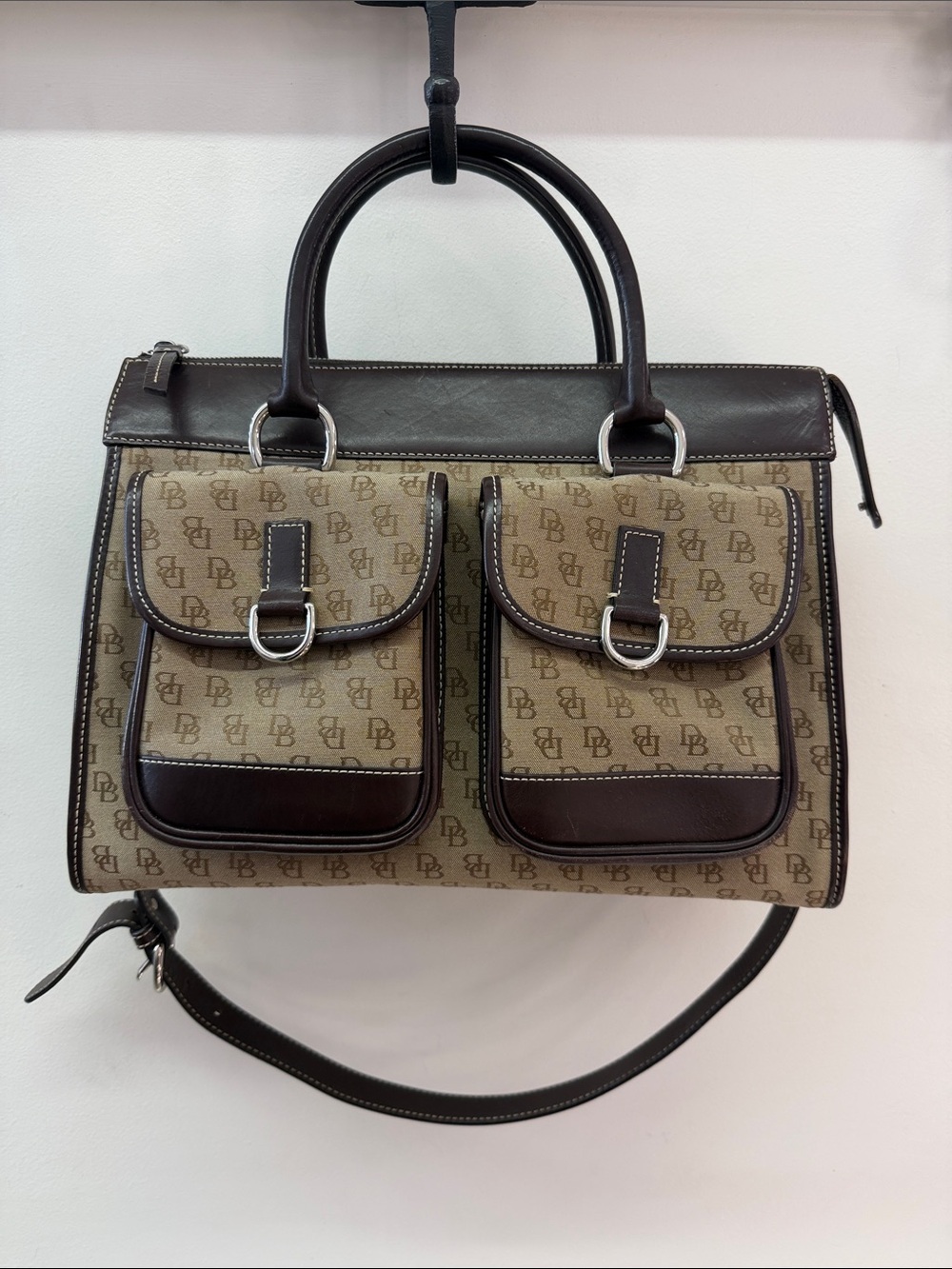 Dooney & Bourke Brown Canvas Monogram Messenger Bag with Dark Brown Leather Trim